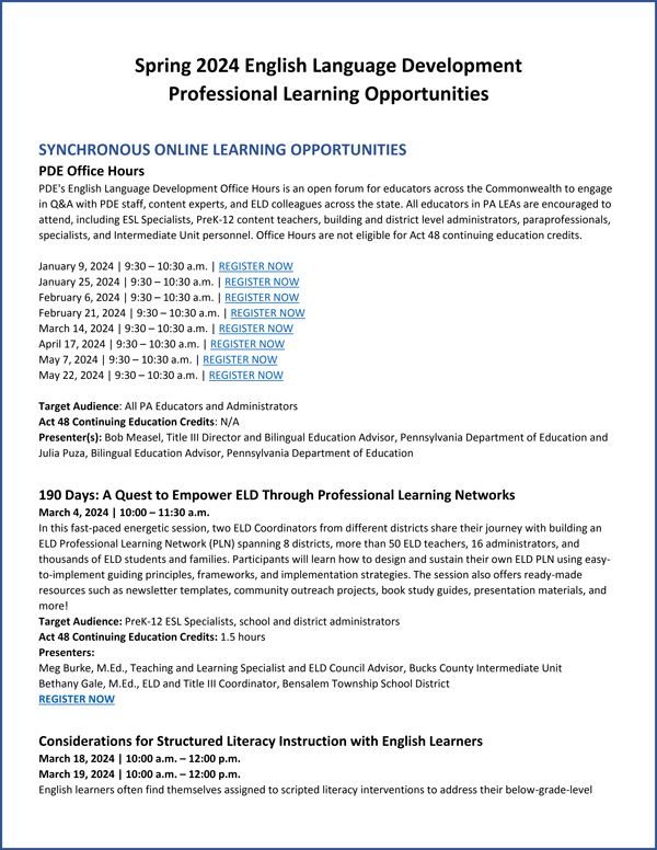 Spring 2024 English Language Development Professional Learning Opportunities